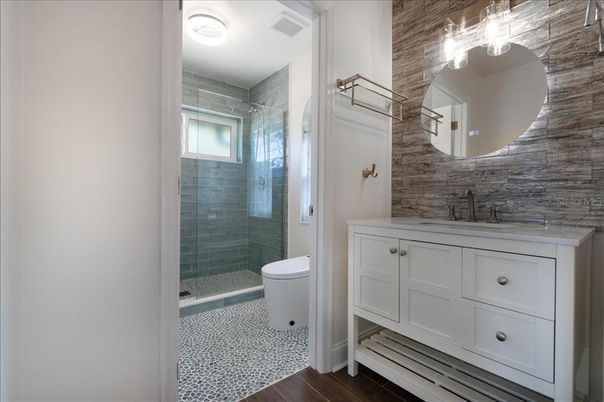 Bathroom, Glass Shower, Interior, Wood Texture Flooring