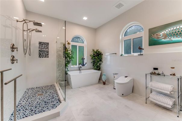 Bathroom, Free Standing Baths, Glass Shower, Interior, Marble, Recessed Lighting