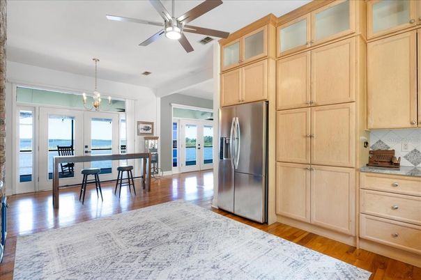 Dining room, Interior, Kitchen, Pendant Lights, Water, Wood Texture Flooring