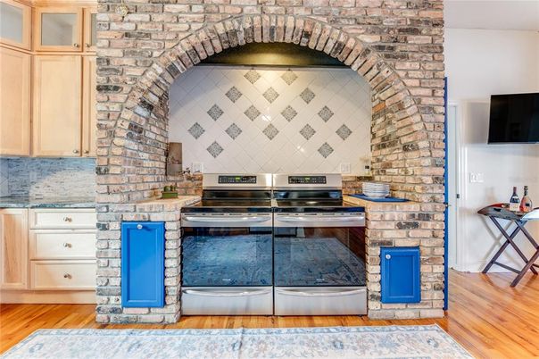 Interior, Kitchen, Stainless Steel Appliances, Stone Walls, Wood Texture Flooring
