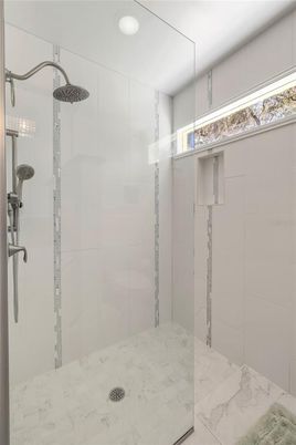 Bathroom, Glass Shower, Interior, Marble, Recessed Lighting