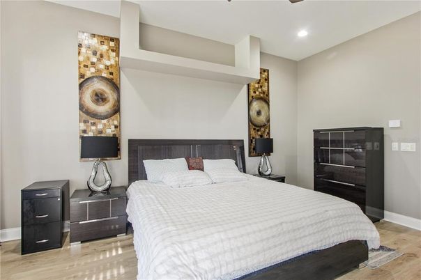 Bedroom, Interior, Recessed Lighting, Wood Texture Flooring