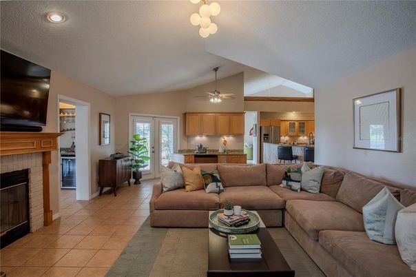 Fireplace, Interior, Kitchen, Living room, Recessed Lighting