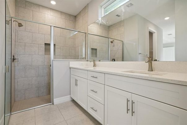 Bathroom, Dual Sink Vanities, Glass Shower, Interior, Recessed Lighting