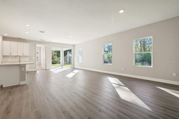 Empty room, Interior, Kitchen, Recessed Lighting, Wood Texture Flooring
