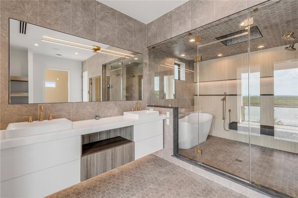 Bathroom, Dual Sink Vanities, Free Standing Baths, Glass Shower, Interior, Recessed Lighting
