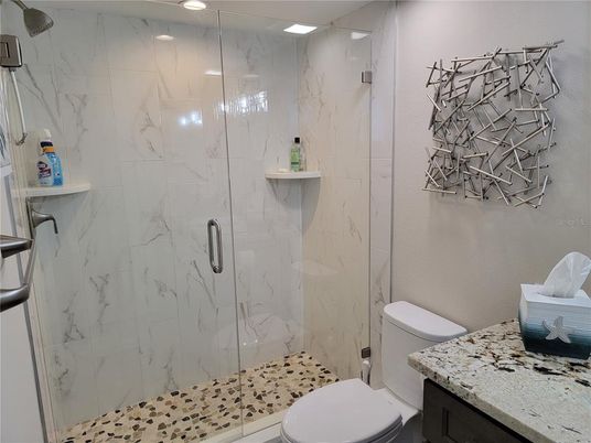 Bathroom, Glass Shower, Interior, Marble Walls, Recessed Lighting