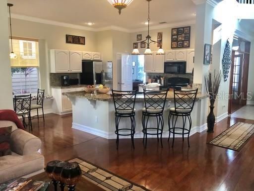 Dining room, Interior, Kitchen, Pendant Lights, Recessed Lighting, Wood Texture Flooring
