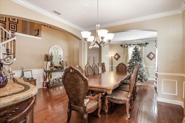 Chandelier, Dining room, Interior, Wood Texture Flooring