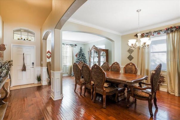 Chandelier, Dining room, Interior, Wood Texture Flooring
