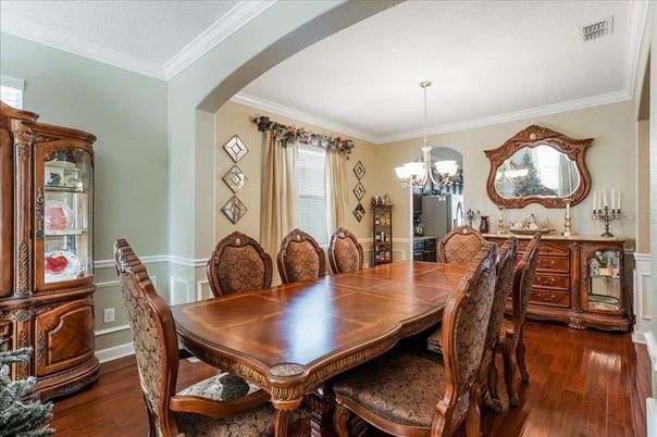 Chandelier, Dining room, Interior, Wood Texture Flooring