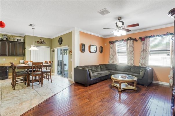 Dining room, Interior, Living room, Pendant Lights, Wood Texture Flooring