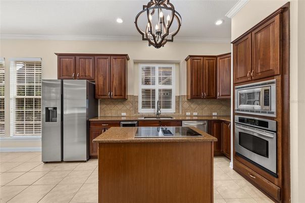 Chandelier, Interior, Kitchen, Recessed Lighting, Stainless Steel Appliances