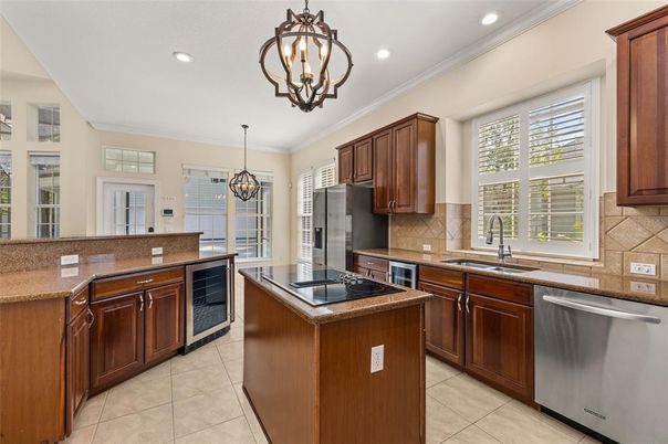 Chandelier, Interior, Kitchen, Pendant Lights, Recessed Lighting, Stainless Steel Appliances