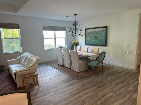 Chandelier, Dining room, Interior, Wood Texture Flooring