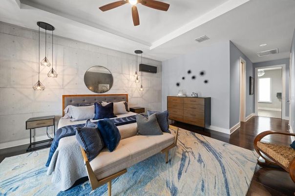 Bedroom, Interior, Pendant Lights, Wood Texture Flooring