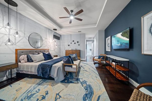 Bedroom, Interior, Pendant Lights, Wood Texture Flooring