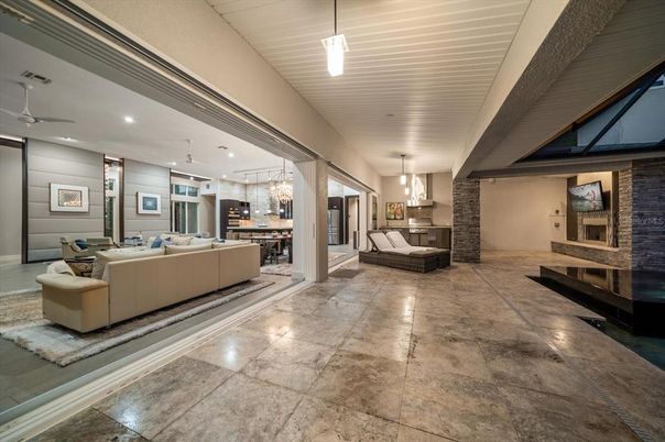 Fireplace, Interior, Living room, Pendant Lights, Recessed Lighting, Stone Walls