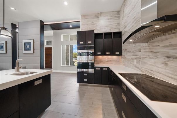 Interior, Kitchen, Marble Walls, Pendant Lights, Recessed Lighting