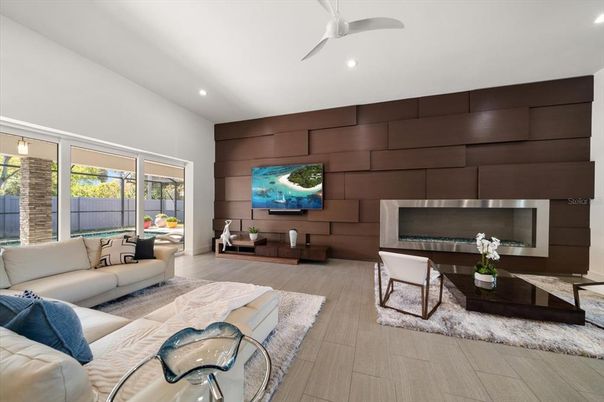 Interior, Living room, Recessed Lighting, Wood Texture Flooring, Wooden Walls