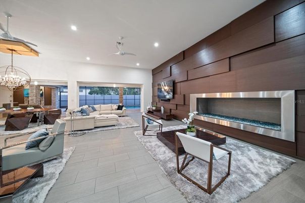 Chandelier, Dining room, Interior, Kitchen, Living room, Recessed Lighting, Stainless Steel Appliances