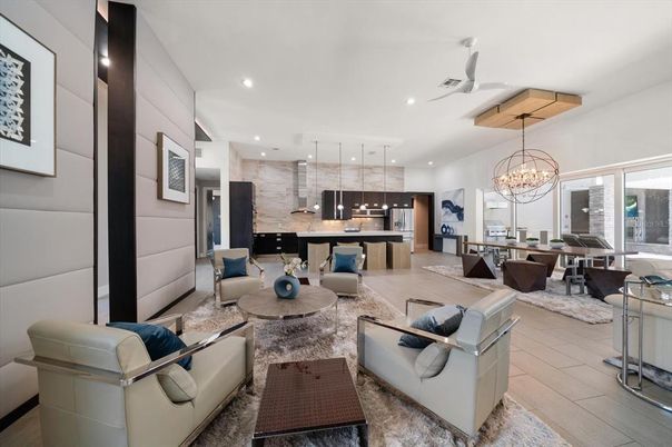 Chandelier, Dining room, Interior, Kitchen, Living room, Pendant Lights, Recessed Lighting, Wood Texture Flooring