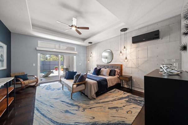 Bedroom, Interior, Pendant Lights, Wood Texture Flooring