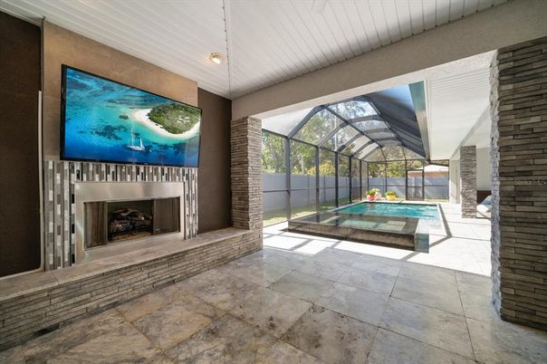 Fireplace, Glass Ceilings, Interior, Recessed Lighting, Sun Room