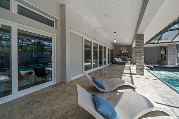 Interior, Pendant Lights, Pool, Stone Walls