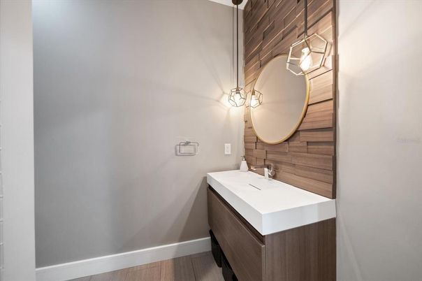 Bathroom, Interior, Pendant Lights, Wood Texture Flooring, Wooden Walls