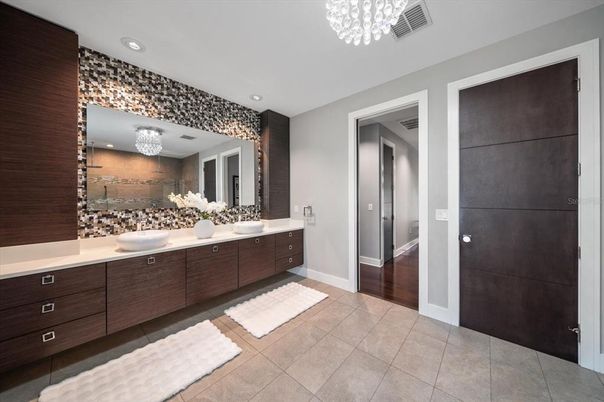 Bathroom, Dual Sink Vanities, Interior, Recessed Lighting, Wood Texture Flooring