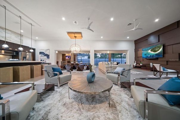 Chandelier, Dining room, Interior, Kitchen, Living room, Pendant Lights, Recessed Lighting, Stainless Steel Appliances