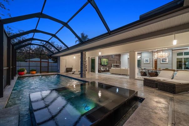 Chandelier, Dining room, Glass Ceilings, Interior, Pool, Sun Room