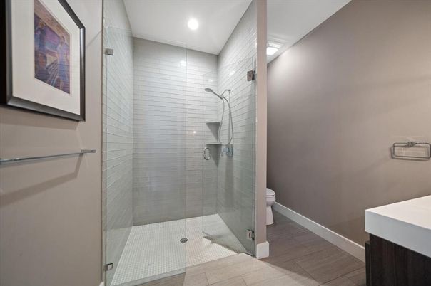Bathroom, Glass Shower, Interior, Recessed Lighting, Wood Texture Flooring