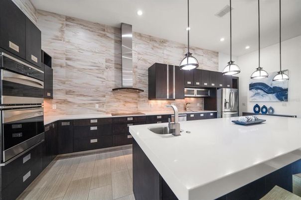 Interior, Kitchen, Pendant Lights, Recessed Lighting, Stainless Steel Appliances, Wood Texture Flooring
