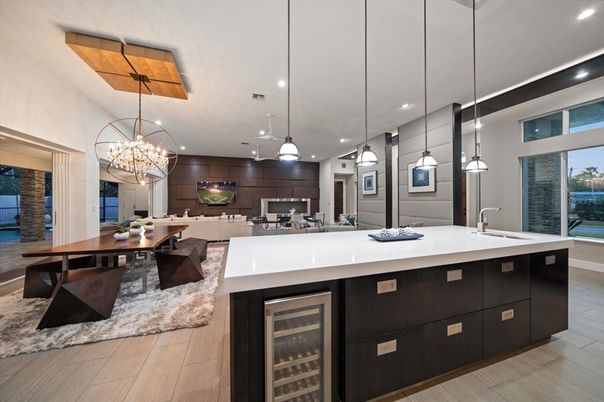 Chandelier, Dining room, Interior, Kitchen, Living room, Pendant Lights, Recessed Lighting, Wood Texture Flooring