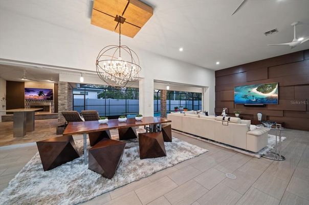 Chandelier, Dining room, Interior, Living room, Recessed Lighting, Stone Walls