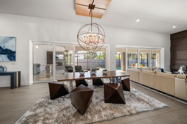 Chandelier, Dining room, Interior, Living room, Recessed Lighting, Wood Texture Flooring