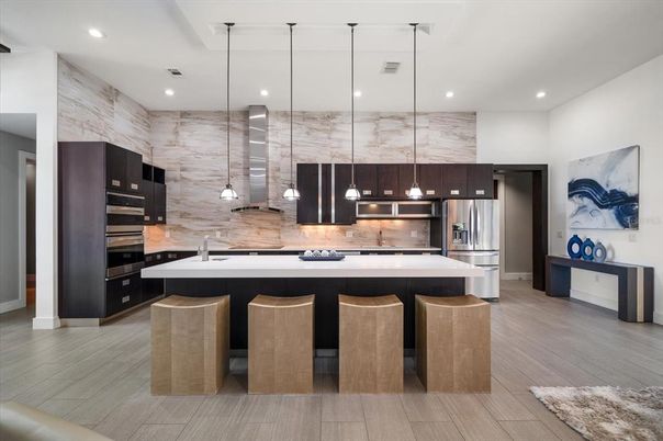 Interior, Kitchen, Pendant Lights, Recessed Lighting, Stainless Steel Appliances, Wood Texture Flooring