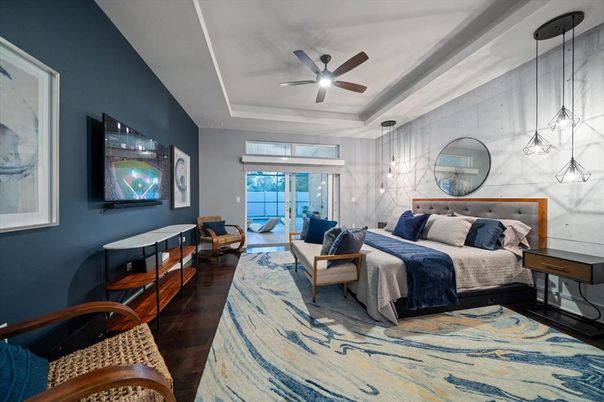 Bedroom, Interior, Pendant Lights, Wood Texture Flooring