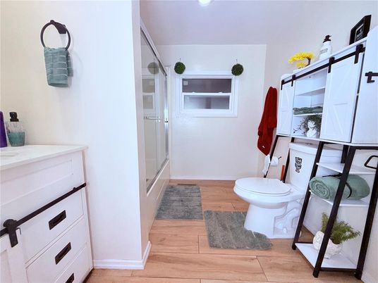 Bathroom, Glass Shower, Interior, Wood Texture Flooring
