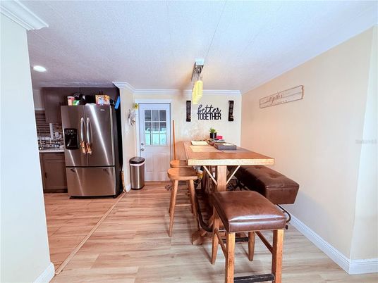Dining room, Interior, Kitchen, Pendant Lights, Recessed Lighting, Wood Texture Flooring