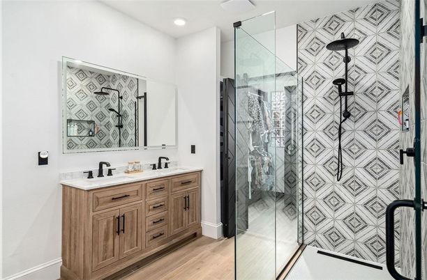 Bathroom, Glass Shower, Interior, Recessed Lighting, Wood Texture Flooring