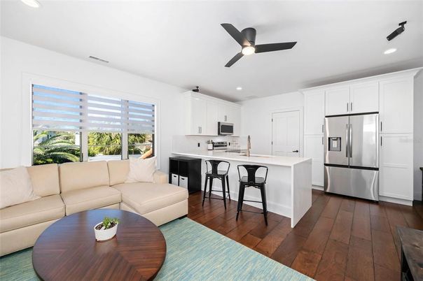 Interior, Kitchen, Living room, Recessed Lighting, Stainless Steel Appliances, Wood Texture Flooring