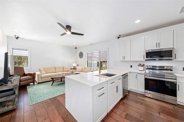 Interior, Kitchen, Living room, Recessed Lighting, Stainless Steel Appliances, Wood Texture Flooring