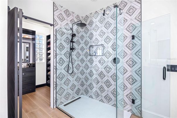 Bathroom, Glass Shower, Interior, Wood Texture Flooring
