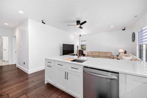 Interior, Kitchen, Living room, Recessed Lighting, Wood Texture Flooring