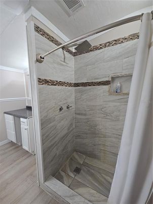 Bathroom, Glass Shower, Interior, Wood Texture Flooring