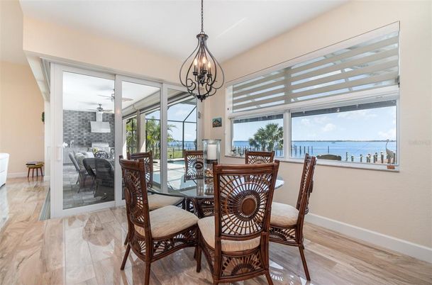 Dining room, Interior, Pendant Lights, Water, Wood Texture Flooring