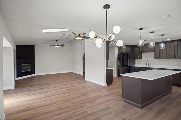 Fireplace, Interior, Kitchen, Pendant Lights, Wood Texture Flooring